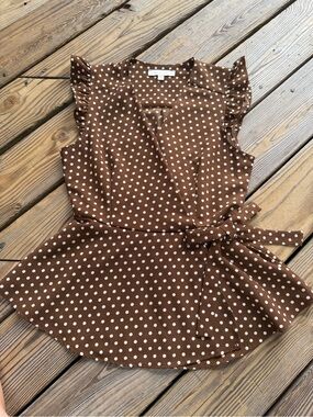 Monteau Los Angeles Brown White Polka Dot Wrap Peplum Blouse Size Large